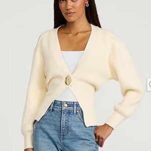 Express Cream V-Neck Cropped Button Sweater